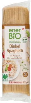 enerBio Dinkel Spaghetti 500g w przezroczystej folii, ekologiczny makaron orkiszowy, widok z przodu.
