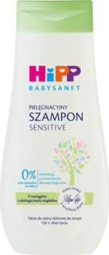Biała butelka szamponu HiPP Babysanft Sensitive z zieloną zakrętką. Widok z przodu, napis 0% mikroplastiku.