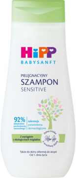 HiPP Babysanft Pielęgnacyjny Szampon Sensitive, biała butelka, zielona nakrętka, od 1. dnia.
