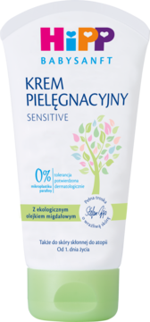HiPP Babysanft krem pielęgnacyjny Sensitive, tuba z zielonym drzewem, 0% parafiny, do skóry atopowej, widok z przodu.