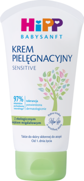 HiPP Babysanft krem pielęgnacyjny sensitive, biała tubka z zieloną nakrętką i drzewkiem, z olejkiem migdałowym.