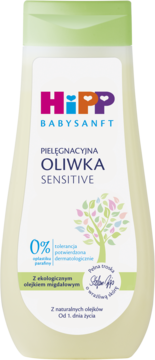 HiPP Babysanft Pielęgnacyjna Oliwka Sensitive, biała butelka, zielony korek, front z kolorowym logo i 0% parafiny.
