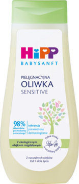 HiPP Babysanft Pielęgnacyjna Oliwa Sensitive, biała butelka z zieloną zakrętką, 98% naturalnych składników, widok z przodu.