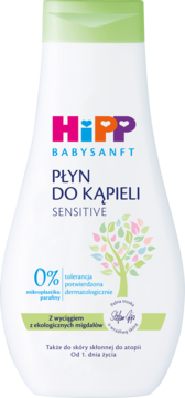 HiPP Babysanft Płyn do kąpieli SENSITIVE, biała butelka z zieloną nakrętką, bez mikroplastiku i z migdałami. Widok z przodu.