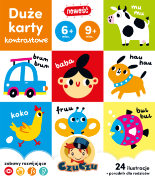 Duże karty kontrastowe Czuczu 6m+ z barwnymi ilustracjami zwierząt, pojazdów i onomatopejami.