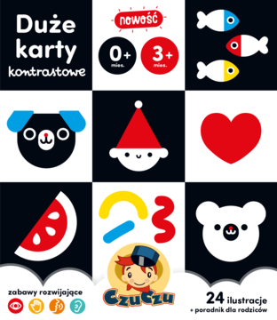 CzuCzu Duże karty kontrastowe dla niemowląt 0-3+ mies., okładka z 9 czarno-białymi ilustracjami.