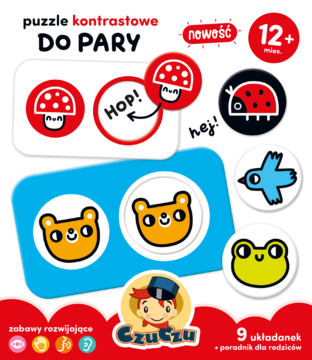Puzzle kontrastowe DO PARY, 9 układanek, z barwnymi ilustracjami zwierząt i grzybów, dla dzieci 12+.