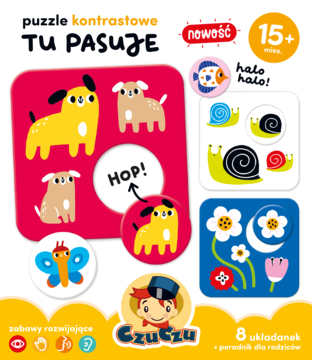 Zestaw Czuczu Puzzle kontrastowe TU PASUJE 15+, opakowanie z widocznymi puzzlami psów, ślimaków, motyla.