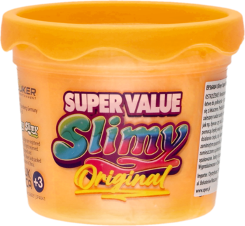 Pomarańczowy slime Super Value Slimy Original w okrągłym pojemniku, widok z przodu, z etykietą i falistym brzegiem.