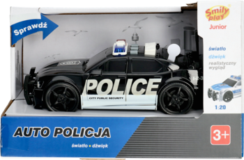 Zabawkowe policyjne auto Chrysler 300C Smily Play, czarno-białe, ze światłem i dźwiękiem, w otwartym pudełku.