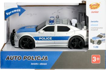 Zabawkowe auto policyjne Chrysler 300C, srebrno-niebieskie, ze światłem i dźwiękiem, w otwartym pudełku, widok z boku.