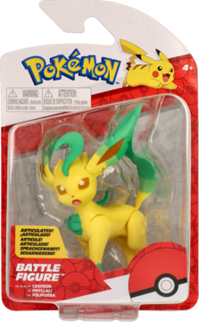 Pokemon Battle Figure Leafeon w blistrze, żółta figurka z zielonymi liśćmi, na czerwono-białym opakowaniu z Pikachu.