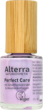 Alterra Perfect Care odżywka do paznokci, fioletowa butelka z drewnianą zakrętką, widok z przodu.