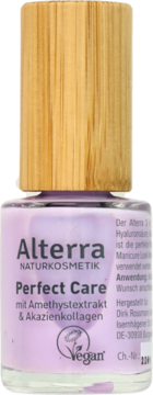 Alterra Perfect Care odżywka do paznokci, fioletowa butelka z drewnianą zakrętką, widok z przodu.