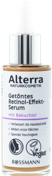 Alterra przyciemniane serum Retinol-Effekt z bakuchiolem w brązowej butelce z dropperem, widok z przodu.