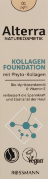 Beżowe opakowanie podkładu Alterra Kollagen Foundation 01 Light z fito-kolagenem, olejem z moreli i wit. E. Widok z przodu.