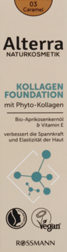 Alterra Kolagen Foundation 03 Caramel w beżowym opakowaniu z fito-kolagenem, witaminą E i logo Vegan.