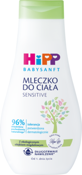 Mleczko do ciała HiPP Babysanft Sensitive z olejkiem migdałowym, biała butelka z zieloną nakrętką, widok z przodu.