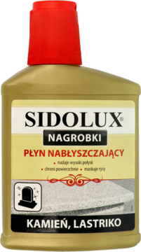 Sidolux Płyn Nabłyszczający Nagrobki, złota butelka z czerwoną nakrętką, do kamienia i lastryko, widok z przodu.