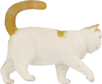 Collecta figurka: biało-rudy kot krótkowłosy, idący bokiem, ogon podniesiony. Widok z profilu.