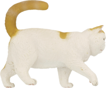 Collecta figurka: biało-rudy kot krótkowłosy, idący bokiem, ogon podniesiony. Widok z profilu.