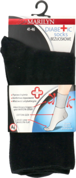 Para czarnych skarpetek Marilyn Diabetic Socks na wieszaku. Opakowanie z napisem "bezuciskowe", rozmiar 41-46.