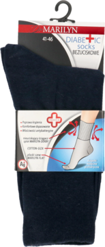 Ciemne skarpetki Marilyn Diabetic Socks 41-46 na wieszaku, z opisem cech na opakowaniu.