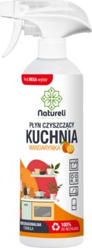 Biały płyn czyszczący Natureli Kuchnia Mandarynka, butelka spray z zielonym logo i ilustracją kuchni.