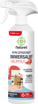 Biała butelka Natureli Płynu Czyszczącego Uniwersalnego Grejpfrut z białym atomizerem, z zielonym logo i owocową grafiką, widok z przodu.