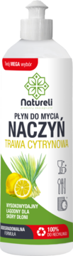 Natureli płyn do naczyń trawa cytrynowa, biała butelka z pompką i zieloną etykietą, widok z przodu.