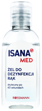 ISANA MED żel do dezynfekcji rąk, skuteczny po 60s, w przezroczystej butelce z białą etykietą, widok z przodu.