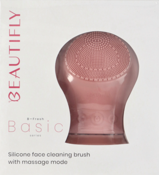 Różowa silikonowa szczoteczka soniczna do mycia twarzy BEAUTIFULY B-Fresh Basic, widok w białym pudełku.