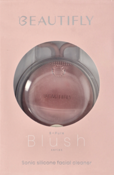 BEAUTIFLY E-Pure Blush, różowa soniczna szczoteczka silikonowa do twarzy w opakowaniu z okienkiem, widok z przodu.
