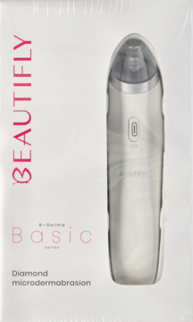 Beautifly E-Dermo Basic Diamond microdermabrasion device in white, plastic-wrapped box, frontal view.