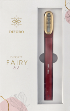 Diforo Fairy Au: elegancki, czerwony masażer do twarzy ze złotą końcówką w otwartym białym pudełku.
