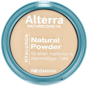 Alterra Hyaluron Natural Powder, beżowy puder matujący w okrągłym kompakcie, widok z góry, z niebieską obwódką.