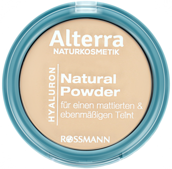 Alterra Hyaluron Natural Powder, beżowy puder matujący w okrągłym kompakcie, widok z góry, z niebieską obwódką.