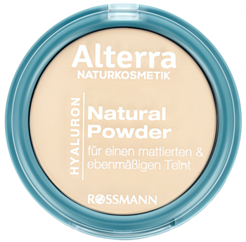 Alterra Hyaluron Natural Powder, jasnobeżowy puder matujący z kwasem hialuronowym, w turkusowej, okrągłej puderniczce.