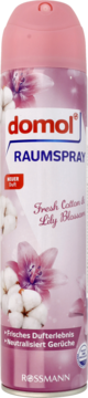domol RAUMSPRAY Fresh Cotton & Lily Blossom, różowy aerozol z kwiatami bawełny i lilii, neutralizuje zapachy, widok z przodu.