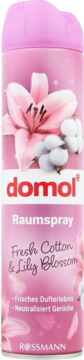 Domol Raumspray Fresh Cotton & Lily Blossom, różowa butelka z grafiką lilii i bawełny, widok z przodu.
