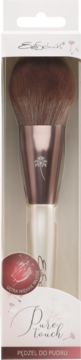 Pędzel do pudru Eveline Pure Touch z ultra miękkim, brązowym włosiem, różowo-złotą skuwką i palmą, w przezroczystym opakowaniu.