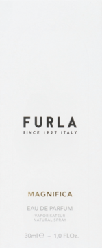 Białe pudełko perfum Furla Magnifica Eau de Parfum 30ml, widok z przodu, z czarnym logo i złotymi literami.