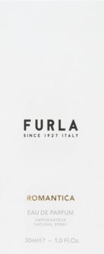 Furla Romantica Eau de Parfum 30ml. Białe opakowanie z czarnym logo Furla i złotym napisem Romantica, widok z przodu.