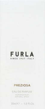 Białe prostokątne opakowanie perfum Furla Preziosa 30ml. Z przodu logo Furla i nazwa perfum w złotawym kolorze.