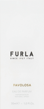 Furla Favolosa woda perfumowana. Białe prostokątne opakowanie z czarnym logo Furla i złotym napisem Favolosa, widok z przodu.