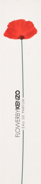 Flower by Kenzo woda perfumowana dla kobiet. Czerwony mak na długiej łodydze z napisem, pionowy widok na jasnym tle.