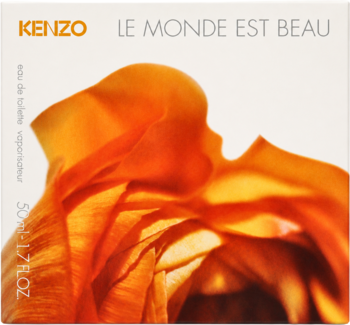 Kenzo Le Monde Est Beau woda toaletowa dla kobiet, pudełko z pomarańczowym kwiatem, widok frontalny, 50ml.