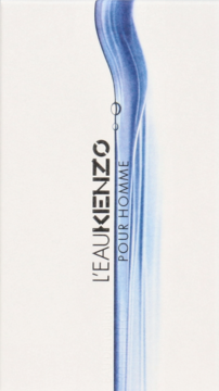 Białe opakowanie wody toaletowej Kenzo L'Eau Pour Homme z pionowym błękitnym wzorem falującej wody.