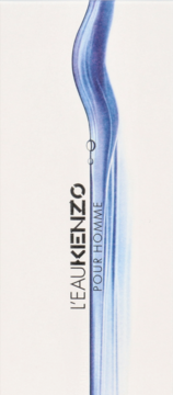 Woda toaletowa Kenzo L'Eau Pour Homme. Abstrakcyjny design z błękitną falującą smugą wody, pionowym napisem i bąbelkami na białym tle.