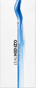 Opakowanie Kenzo L'Eau Pour Homme w białym kartoniku z niebieskim strumieniem wody i nazwą marki, widok z przodu.